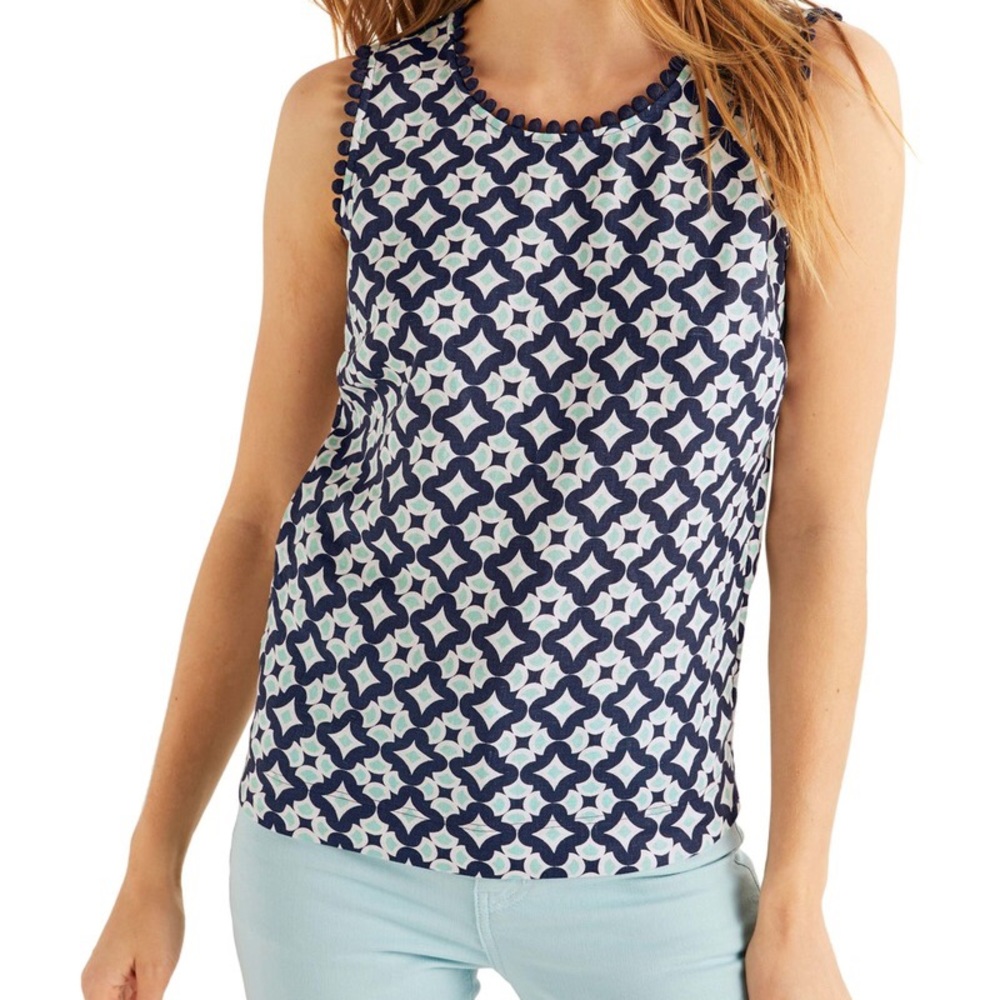 Boden Romaine Linen Sleeveless Top Navy, Diamond Drop Geometric - Size US 20